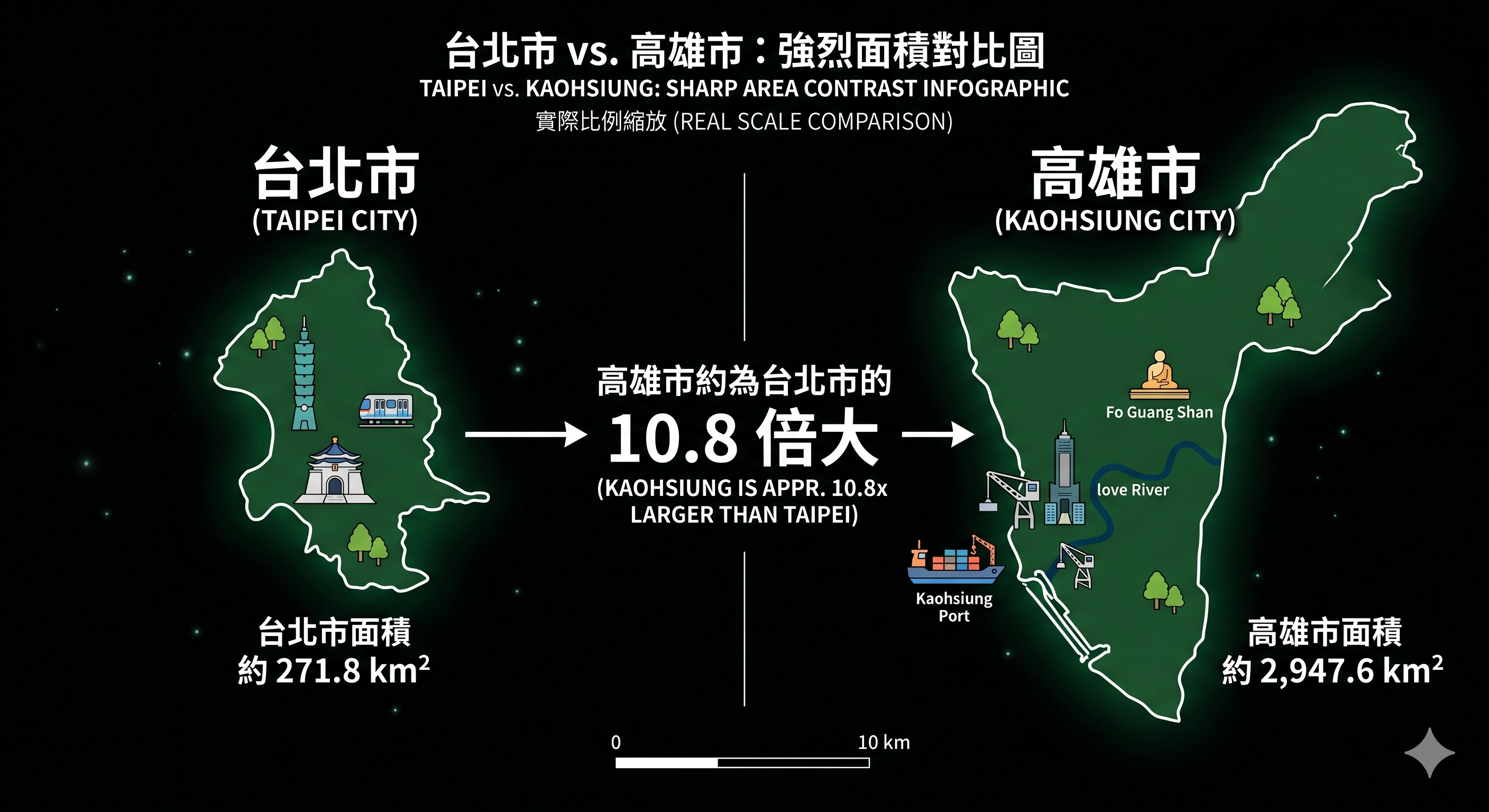 台北市與高雄市面積比較圖
