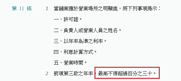 當鋪則是依《當舖業法》規定,年利率上限為 30%(月息最高 2.5%)