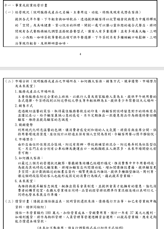 青年創業貸款計畫書事業或創業經營計畫撰寫範例